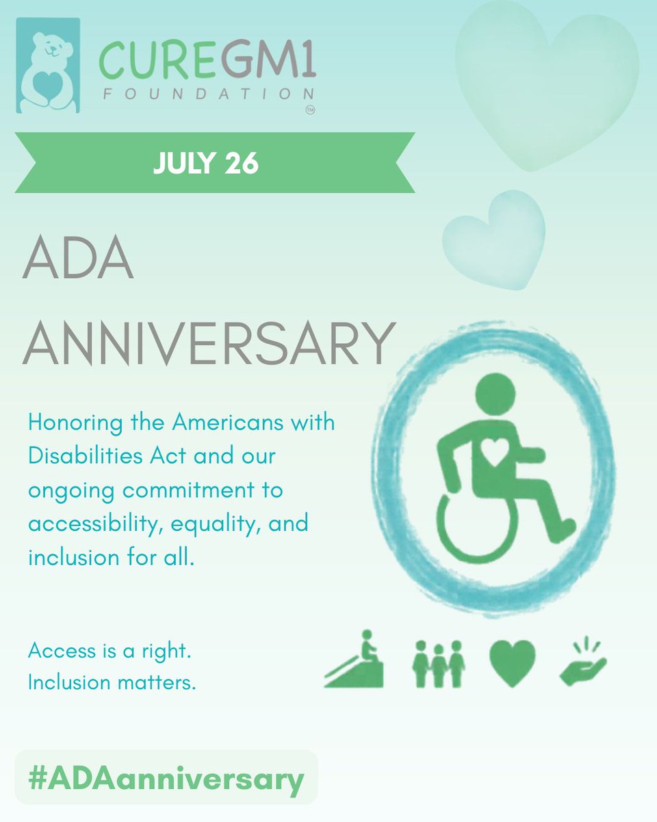 curegm1's tweet photo. Happy ADA Anniversary. 

Access is a right. Inclusion matters. The Americans with Disabilities Act changed what was possible, and we honor its legacy by continuing to advocate for every family in the GM1 community.

#ADAanniversary #CureGM1 #DisabilityRigh… https://t.co/DvYJapOvBt