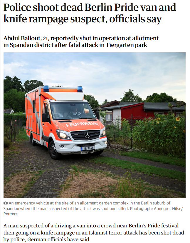 keira_con's tweet photo. German efficiency.

According to reports, Abdul Ballout, 21, the suspect in the fatal Berlin attack, was shot during the police operation in Spandau.

When there is an immediate threat to the public, the first duty of the police is to stop it.

No lengthy trials, no fear of parole, A job well done by the German police I would say. There is no place in this world for terrorists or their supporters.