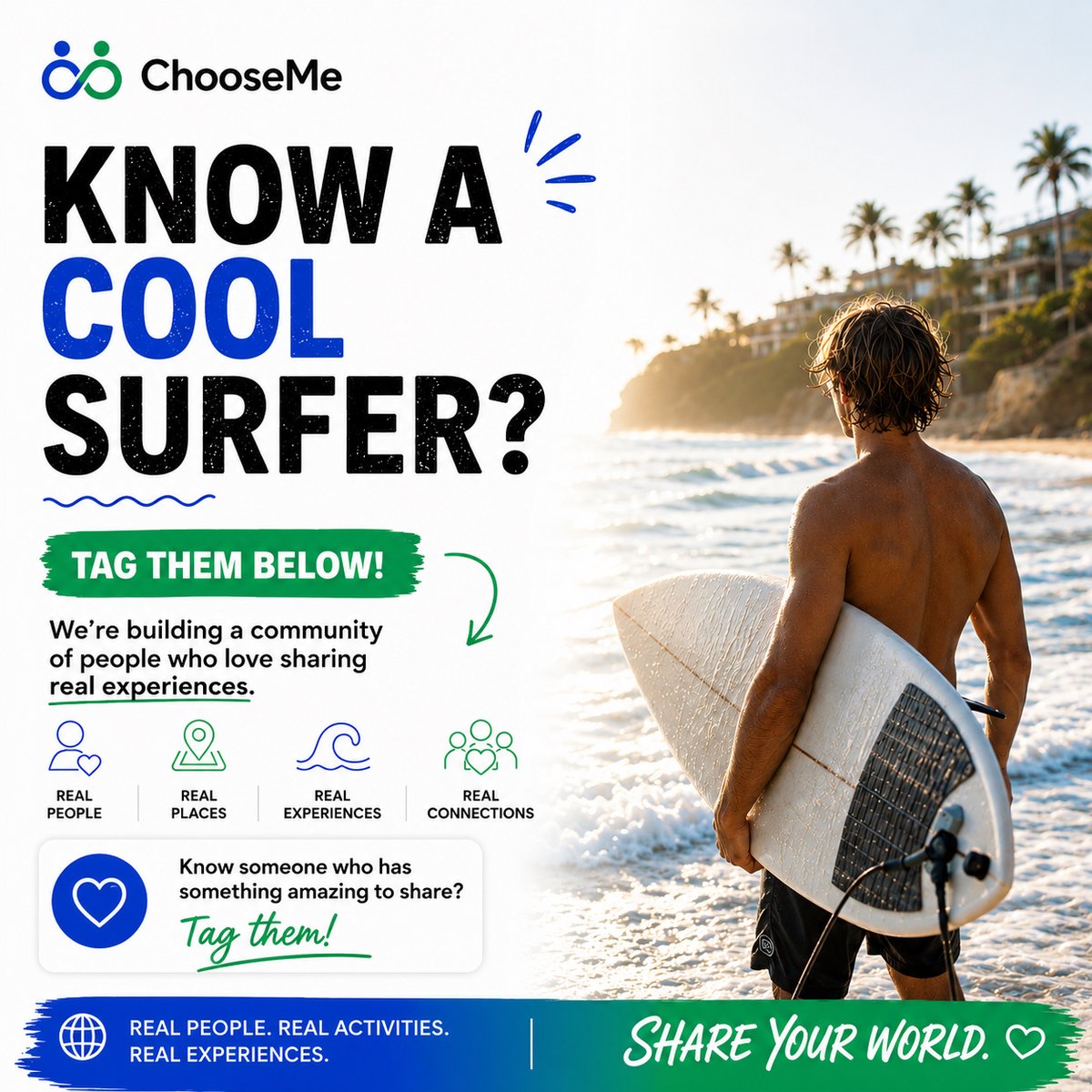 ChooseMeApp's tweet photo. The best experiences are often led by people who simply love what they do.

If you know a cool surfer or someone with a beach experience worth sharing, tag them below.

#ChooseMe #SurfLife #ShareYourPassion #RealPeopleRealExperiences #BeachExperiences https://t.co/ZYj4AW3aI5