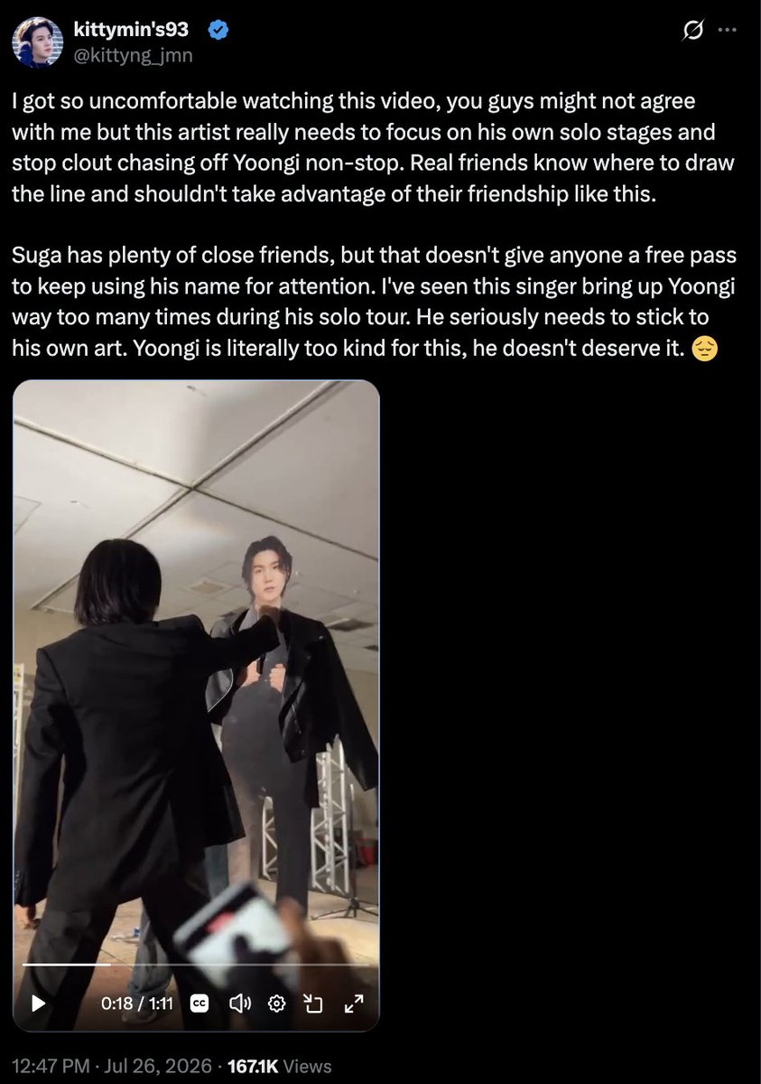 na_do_saram's tweet photo. Ppl out there spreading hate for one of Yoongi's best friends for participating in an ARMY event (*not* his own concert) and performing That That with a cutout of Yoongi, as though the man doesn't have credits in Come Over 😮‍💨

Like at least read some history. https://t.co/ILgJuT3OeT
