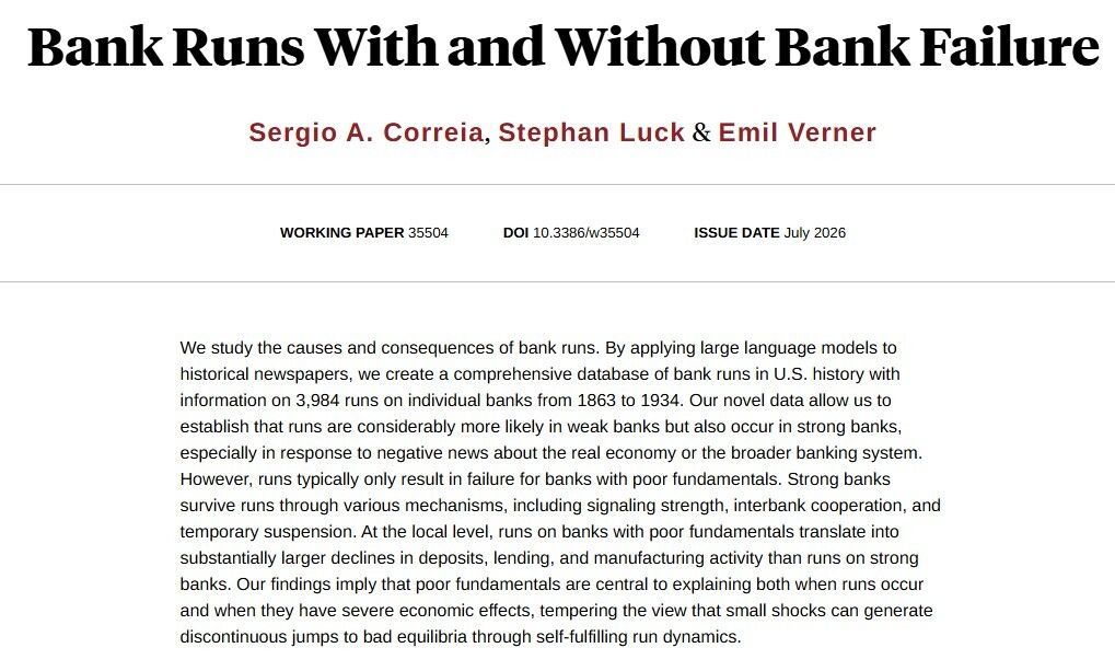 nberpubs's tweet photo. New data on bank runs reveals that poor fundamentals are key for whether runs lead to bank failure and have severe consequences for the broader economy, from Sergio A. Correia, @StephanLuck, and @EmilVerner https://t.co/FcPwsDRu16 https://t.co/3csSxCuX4a
