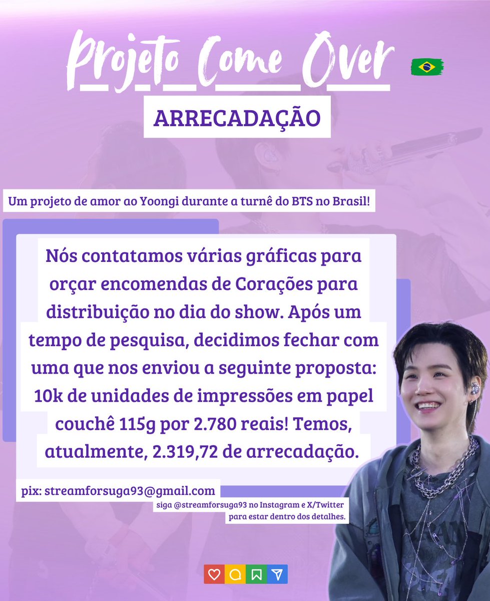 streamforsuga93's tweet photo. Qualquer valor é bem vindo! Esses Corações serão distribuídos no dia do show para que possamos realizar o projeto com sucesso. São fáceis de guardar na bolsa até a hora de levantarmos em Come Over!

Compartilhem a arrecadação para que possamos alcançar a primeira meta de 10k de unidades 💜

#PurpleHeartsForSUGA
#ComeOverForYoongi
#OurHeartsForYoongi
#ProjetoComeOverBR