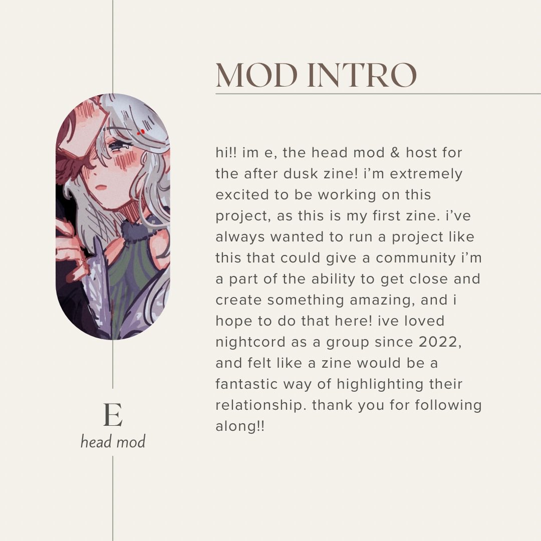 afterduskzine's tweet photo. hi everyone!! we’ve got some posts today to hopefully help you guys get to know the team behind the zine! starting off strong with our host, e! you can find her on here at @enabun_ ! https://t.co/YNII48m2HU