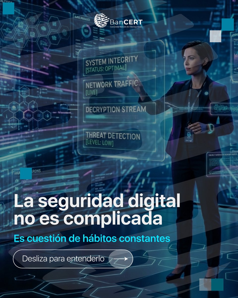 BanCERT_gt's tweet photo. La seguridad digital no es algo complejo ni lejano.
Se trata de incorporar pequeñas acciones a tu rutina diaria que, con el tiempo, hacen una gran diferencia en la protección de tu información.
#BanCERT #SeguridadDigital #ConcientizaciónDigital #Ciberseguridad #HábitosDigitales https://t.co/I5mfYS9DYL