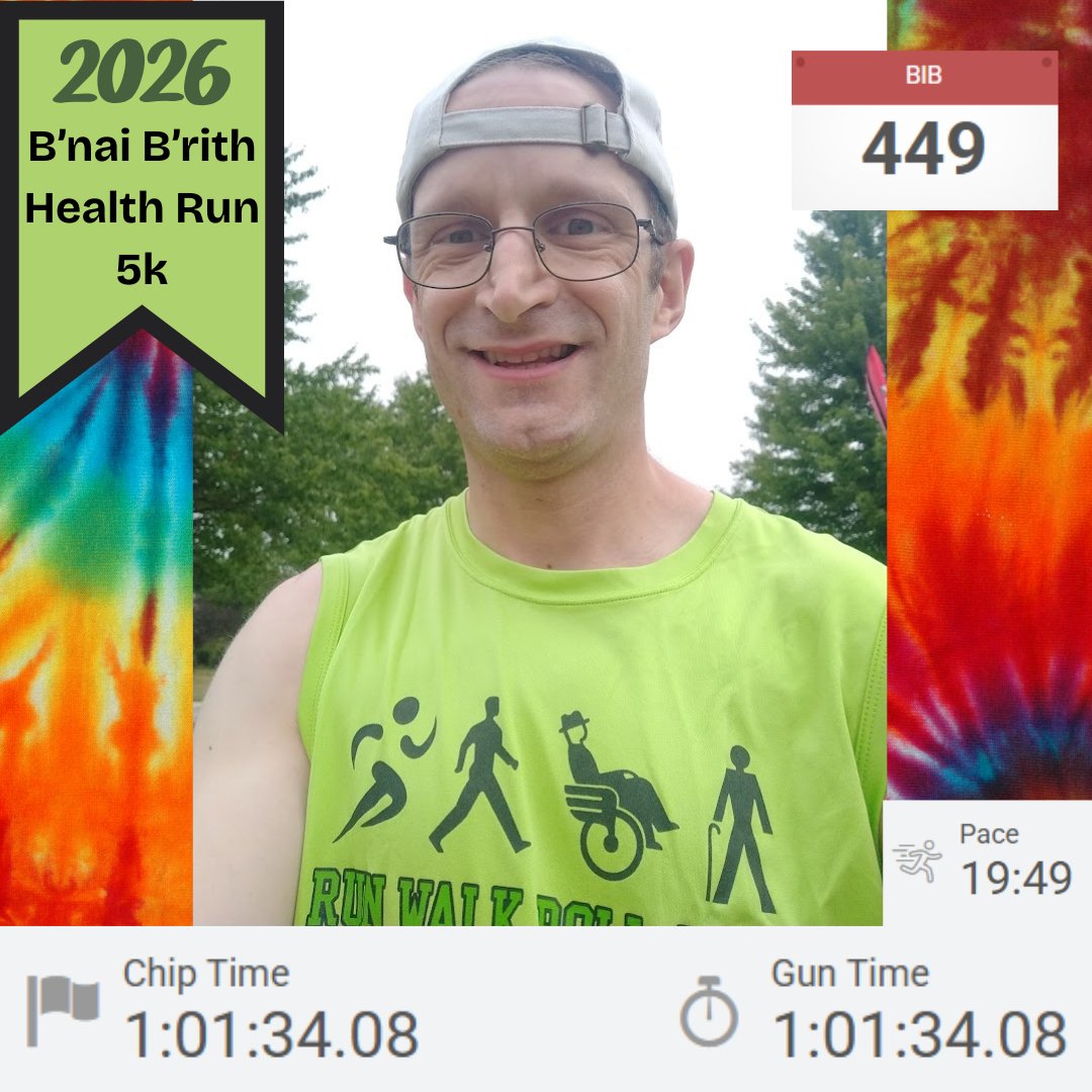 zacharyfenell's tweet photo. My one-hour, one-minute, and 34-second finish time from today's B'nai B'rith Health Run 5k marks my best 5k time of 2026 so far. With consistent training, I'm determined to get back to finishing in under an hour. #5kgoals #CerebralPalsyRunner #OneStepAtATime https://t.co/GfmherWxSw