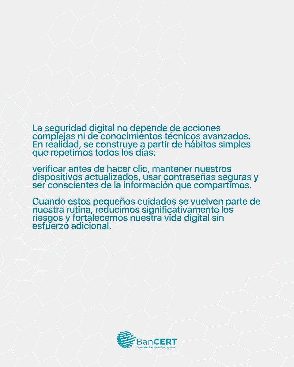 BanCERT_gt's tweet photo. La seguridad digital no es algo complejo ni lejano.
Se trata de incorporar pequeñas acciones a tu rutina diaria que, con el tiempo, hacen una gran diferencia en la protección de tu información.
#BanCERT #SeguridadDigital #ConcientizaciónDigital #Ciberseguridad #HábitosDigitales https://t.co/I5mfYS9DYL