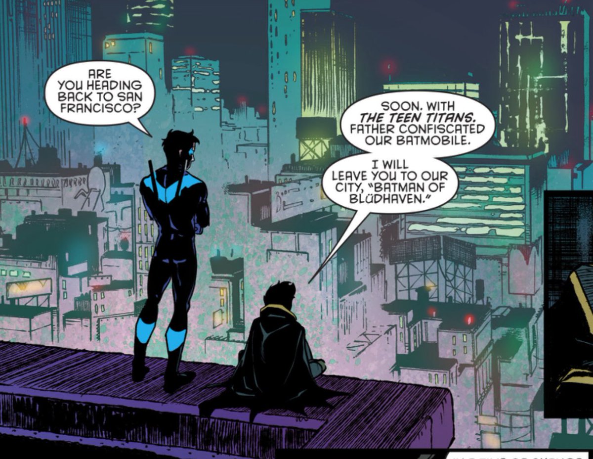 joyso6cm's tweet photo. For everyone who thinks Damian working as Nightwings sidekick wouldn’t make sense narratively. Nightwing is going through hell and these 2 have ALWAYS followed eachother in their darkest moments AND Damian views Bludhaven as THIER city https://t.co/ynZLSxodCW
