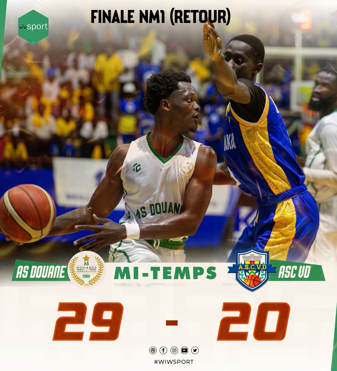 wiwsport's tweet photo. 🏀 #Wiwsport | Mi-temps de la finale NM1
L’AS Douanes fait la course en tête à la pause face à l’ASC Ville de Dakar (29-20) dans la manche retour de la finale du Championnat du Sénégal.
📌 Rappel : les Gabelous s’étaient imposés à l’aller 69-68.
#Wiwsport #ASDouanes #ASCVD https://t.co/VNQoOQuwZS