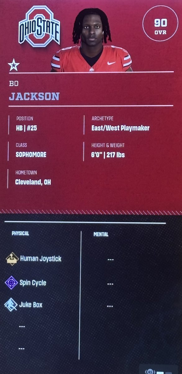 Haterwatch21's tweet photo. Bro, @EASPORTSCollege can't even hide the Ohio State bias anymore. They're just throwing legends onto the roster now?

First off, Bo Jackson played for Auburn.

Second, Bo Jackson is 63 years old.

How about you just leave Ohio State's roster alone instead of trying to make them look better than they are?