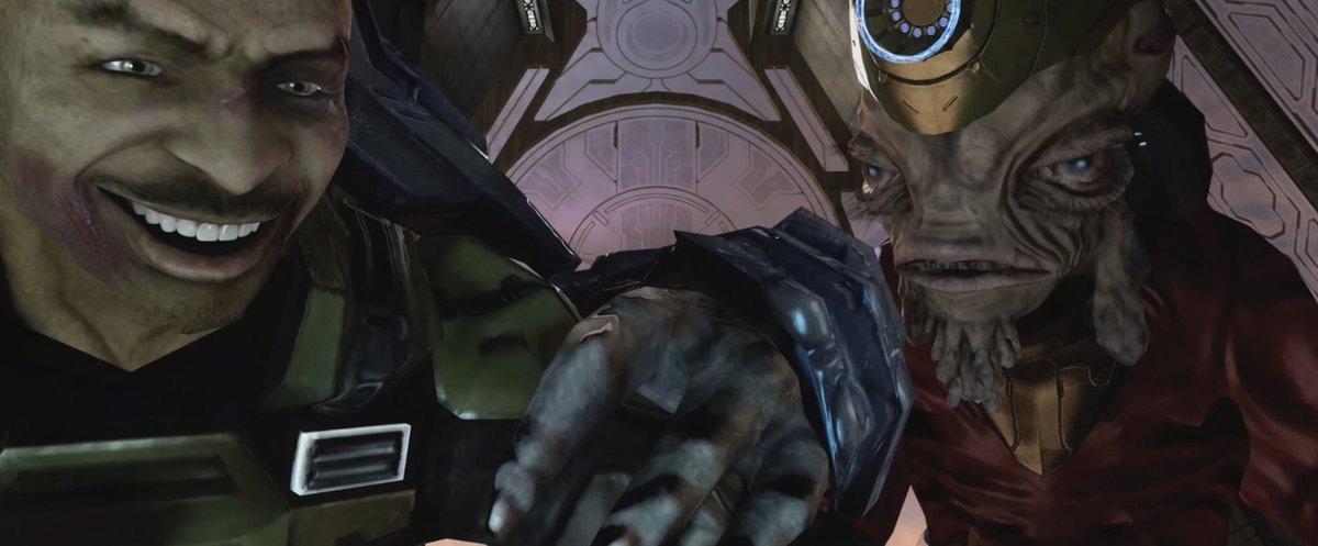 ourokroniion's tweet photo. Why does Johnson in the new Halo smile so much? I swear they're gonna make him smile a lot in the future remakes and it will be something like this. He's going to suffer from severe flanderization I can feel it https://t.co/UfU350FIay