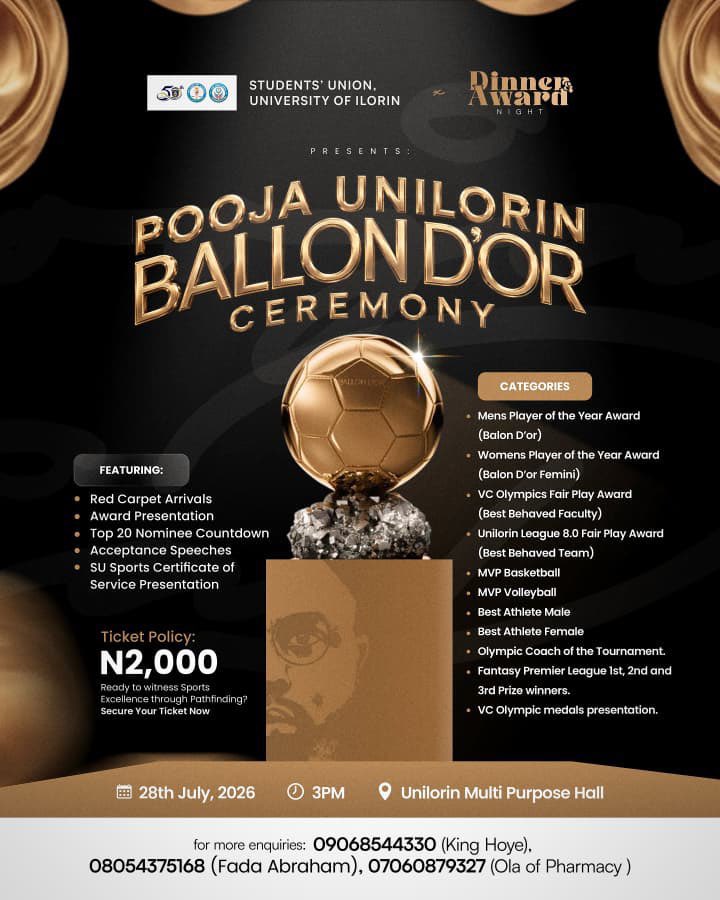 Anonymous_spt's tweet photo. 🏆 The stage is set for the UNILORIN POOJA Ballon d’Or! ✨

Kudos to the 38th Sports Secretary for hosting another great edition, and thanks to Pooja for the continued support.

Best of luck to all nominees! 🌟⚽

#UNILORIN #PoojaBallonDor #CampusSports #BallonDor #UniversitySpo https://t.co/yH9PFswsfN