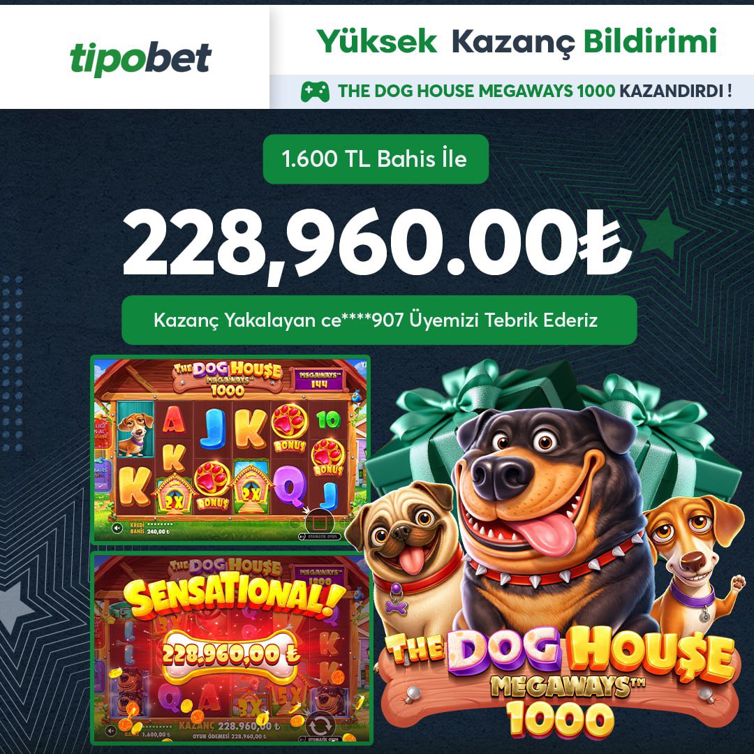tipoxsosyal's tweet photo. 🎁 Tipobet’te Efsane Büyük Kazanç!

➡️  OYUNA YENIDEN DÖN , HEYCANI YERİNDE YAŞA  👈

🕹 The Dog House Megaways 1000 Oyununda

💲 1,600TL bahis ile tam 228.960.00TL kazanç!

👑 ce***907' kullanıcı adlı üyemizi kazancından dolayı gönülden tebrik ediyoruz!

#tipobet #denemebonusu https://t.co/mwMOmQNTDD