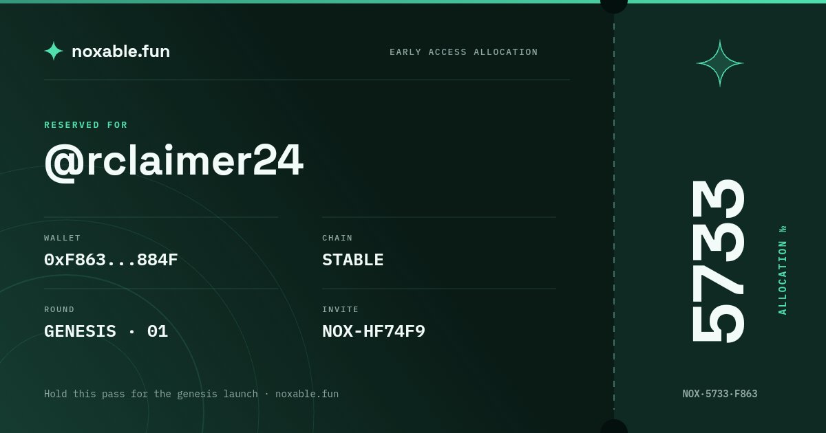 rclaimer24's tweet photo. Allocation №5733 locked in for the @noxablefun genesis round on Stable.

https://t.co/Jsg8gfSb2y https://t.co/dyYTTVALNu