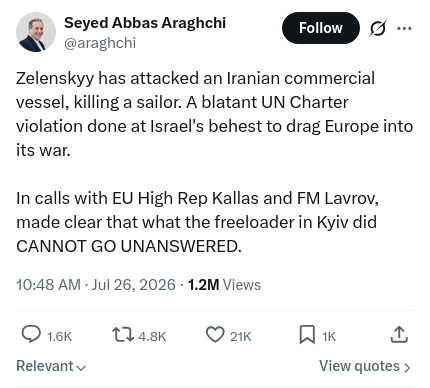 sentdefender's tweet photo. Iranian Foreign Minister Seyed Abbas Araghchi claims a Ukrainian attack on an Iranian commercial vessel in the Caspian Sea killed one sailor, accusing Kyiv of acting "at the behest of Israel."

Araghchi warned that "what the freeloader in Kyiv did CANNOT GO UNANSWERED," signaling the incident could further expand tensions beyond the Middle East.

The allegation comes amid growing reports of closer military cooperation between Russia and Iran during the conflict, including claims that Moscow has provided Tehran with intelligence and other forms of support.