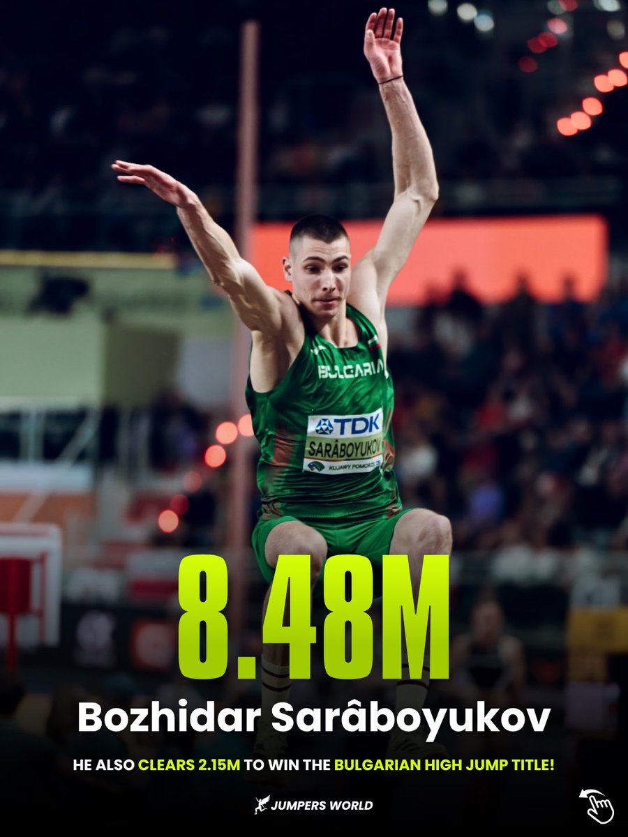 jumpers_world's tweet photo. DOUBLE NATIONAL TITLE!🥇🥇

Bozhidar Saraboyukov 🇧🇬 pulled off an incredible double at the Bulgarian Championships, first clearing 2.15m to win the high jump, before soaring to a massive 8.48m (+1.8) to claim the long jump title just few hours later! 

His 8.48m leap also set a championship record, just 1cm shy of his own Bulgarian national record.