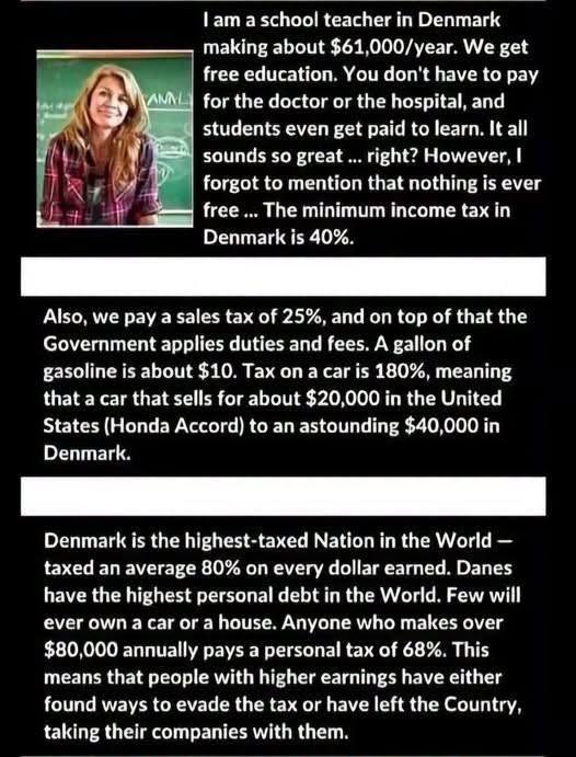 MonaMaga1's tweet photo. Socialism for you?  Think again and read how it is in Denmark before you continue with that ludicrous thought process. https://t.co/crWpFKqeFd