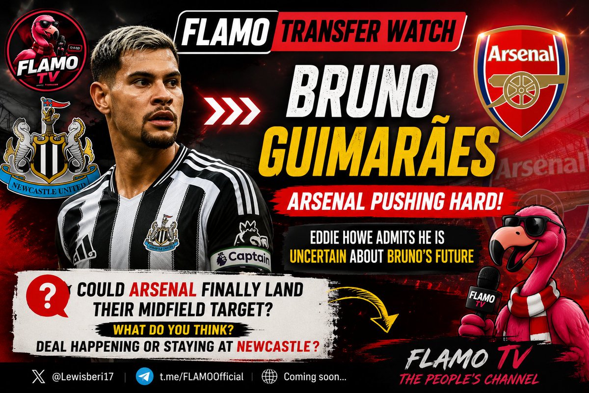 FlamoUniverse's tweet photo. π¨ FLAMO Transfer Watch π¦©
Eddie Howe admits he's uncertain about Bruno GuimarΓ£es' future... π
Could Arsenal finally land their midfield target? π΄
What do you thinkβdeal happening or staying at Newcastle? π
#Arsenal #Transfers #PremierLeague #FLAMO https://t.co/FwLVOm9KvD