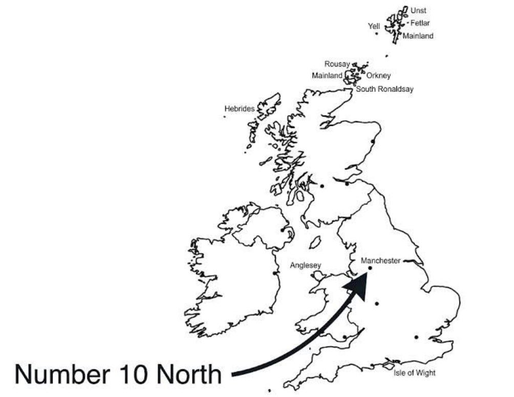 MrJohnNicolson's tweet photo. Re ‘No 10 North’: I appear to have caused some agitation in the troll community by pointing out Andy Burnham’s Anglocentric view of where the ‘north’ of the British Isles is. Here’s a map to help, with an arrow pointing to Manchester - in the south. https://t.co/h3kQPpuU6a