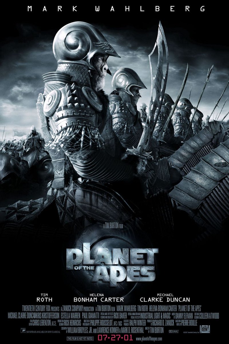 landofthe80s's tweet photo. "Planet of the Apes" starring Mark Wahlberg opened in theatres today in 2001. 

BITE-SIZED FACT | Tim Burton's reimagining became a box-office hit, earning more than $360 million worldwide. https://t.co/dMBYAgPGVw