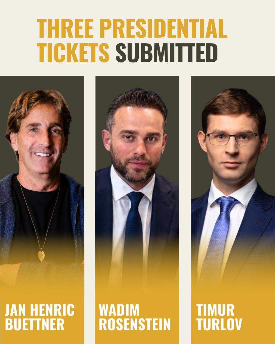 FIDE_chess's tweet photo. ♟ Three Presidential Tickets Submitted to FIDE Office Ahead of 2026 Elections

Today at 18:00 CEST, the nomination period for the 2026 FIDE Presidential Election officially closed. 

Before the deadline, the FIDE Office received three presidential tickets (listed in alphabetical order by the presidential candidate):
▪️ Mr. Jan Henric Buettner for President and Mr. Malcolm Pein for Deputy President;
▪️ Mr. Wadim Rosenstein for President and Mr. Gordon Tang for Deputy President;
▪️ Mr. Timur Turlov for President and Mr. Viswanathan Anand for Deputy President.

In accordance with Article 21 of the FIDE Electoral Rules (Election of the President and Deputy President), the Electoral Commission (ELC) will now conduct a preliminary examination of the submitted candidacies and approve the list of valid presidential tickets. The approved list will be published on the FIDE website and made available to all Member Federations.

As part of this process, the ELC will verify that each application contains all information and declarations required under Article 5.2 of the Electoral Rules and that all eligibility requirements set out in Article 4.1 have been satisfied.

The 2026 FIDE Presidential Election will take place on 26 September 2026 during the FIDE General Assembly in 🇺🇿 Samarkand, Uzbekistan. Each Member Federation represented at the General Assembly is entitled to one vote.

@JanHBuettner @WadimRosenstein @TurlovforChess