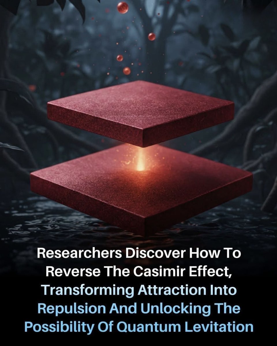 scitechgirl's tweet photo. 🚨 SCIENTISTS JUST MADE QUANTUM LEVITATION POSSIBLE 

Researchers have discovered how to reverse the mysterious Casimir Effect — a strange quantum force that normally pulls objects together. By turning attraction into repulsion, tiny objects can now “hover” without touching anything.

This breakthrough could lead to frictionless machines, advanced nanotechnology, and futuristic quantum levitation systems once thought impossible. The wildest part? The force comes from the invisible energy hidden inside empty space itself. 

Source: Munday, J. N., Capasso, F., & Parsegian, V. A. Nature. University of Science and Technology of China. Nature Physics.