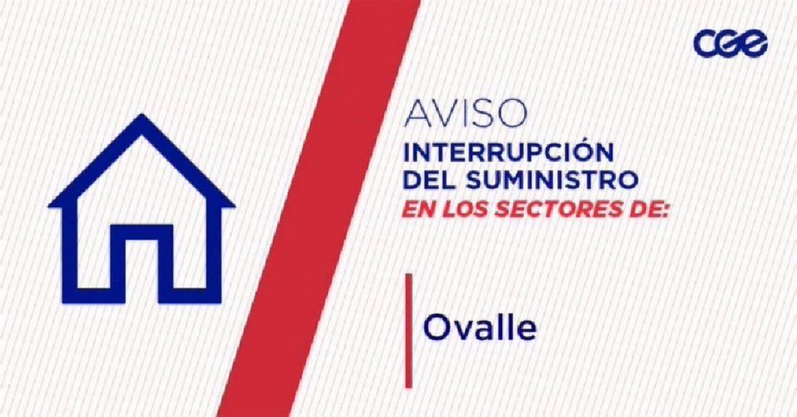 CGE_Clientes's tweet photo. Informamos a nuestros clientes de los sectores de Jaime Peralta, Abdon Jimenez, Blas Álvarez, Blas Álvarez, Gustavo Olivares; en la comuna de #Ovalle, la interrupción del suministro eléctrico. Nuestro personal de emergencia ya está informado. https://t.co/ddmScDESNy
