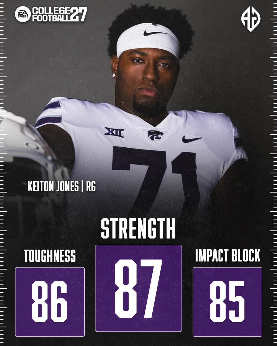 AGEDITS32's tweet photo. Kansas State has a powerful presence at right guard. 💪

Keiton Jones officially checks in with 87 Strength, 86 Toughness, and 85 Impact Block in College Football 27.

@jones_keiton https://t.co/JaPPVdIXdO