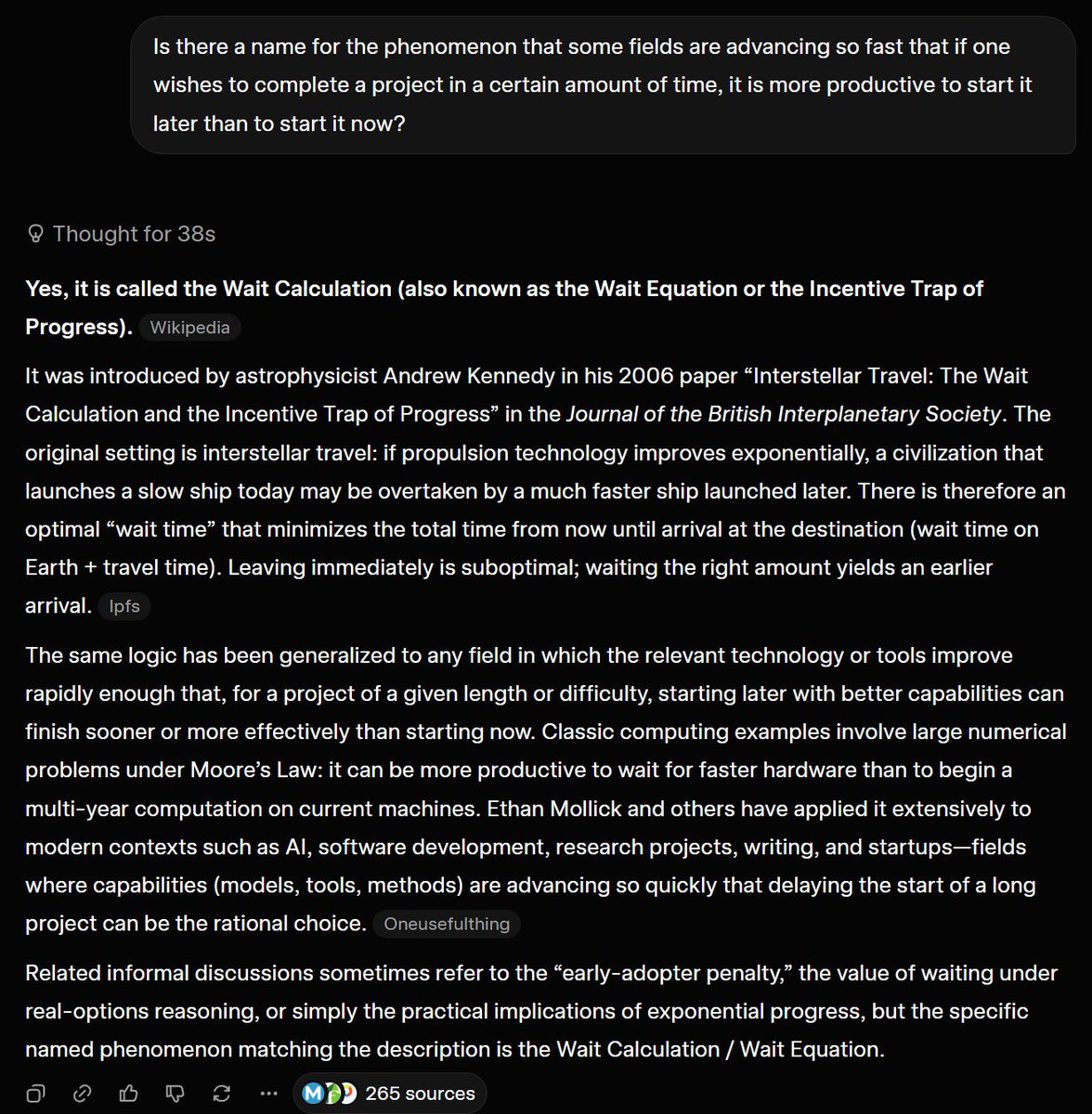 TimSweeneyEpic's tweet photo. The Wait Calculation: a phenomenon from the study of interstellar travel(!) that is now true of far more endeavors due to the pace of AI. https://t.co/mrbqn73u4L
