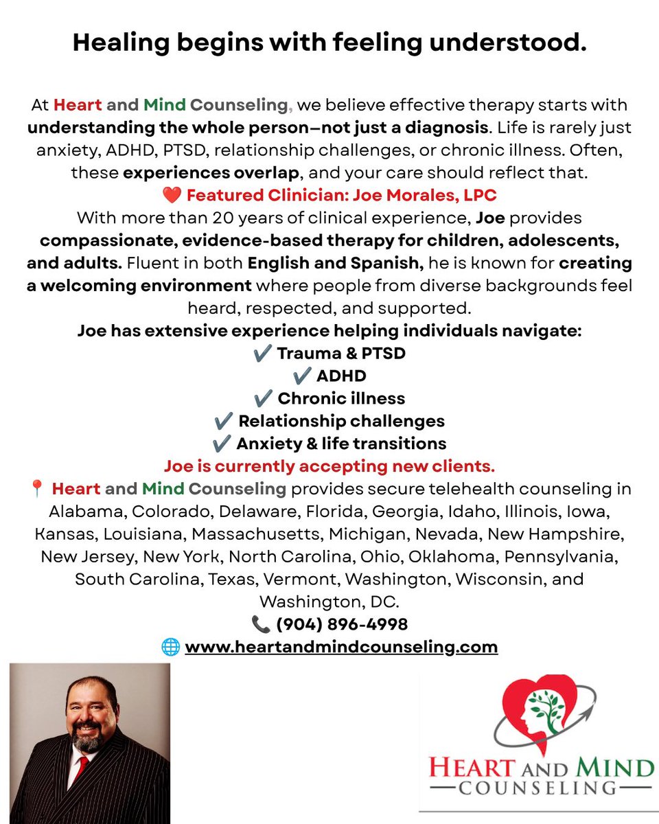 HeartandMindCo1's tweet photo. Healing begins with feeling understood. 💙 Meet Joe Morales, LPC—20+ years of experience helping children, teens, and adults navigate trauma, ADHD, chronic illness, and relationships. Now accepting new clients. https://t.co/0JRKq9sCbt https://t.co/bR9ZwY5blS