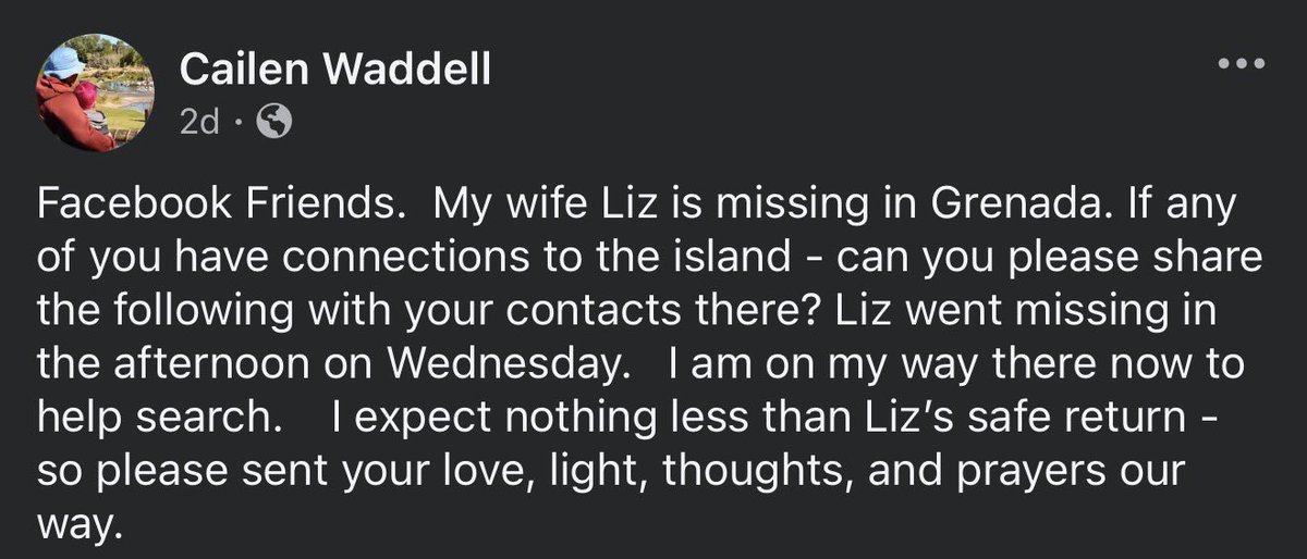 901Lulu's tweet photo. Missing in the Caribbean- 

Elizabeth ‘Liz’ Waddell (44) was last seen on July 22 at Grand Anse Beach in St. George’s, Grenada. She was on a solo vacation. 

Her husband, Cailen Waddell, flew to the island to help with the search. He was back home in North Carolina when she went missing. 

From a family friend-
‘It seems that she went down to the pier and left her towel on the pier and went for a swim’. 💔