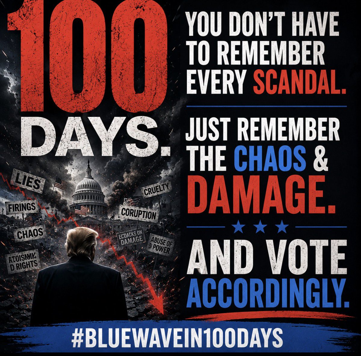 mjfree's tweet photo. One hundred days until the midterm elections. 

You don’t have to remember every scandal.

Just remember the chaos &amp; the damage. 

And vote accordingly.

#BlueWaveIn100Days https://t.co/hFHygNufyI