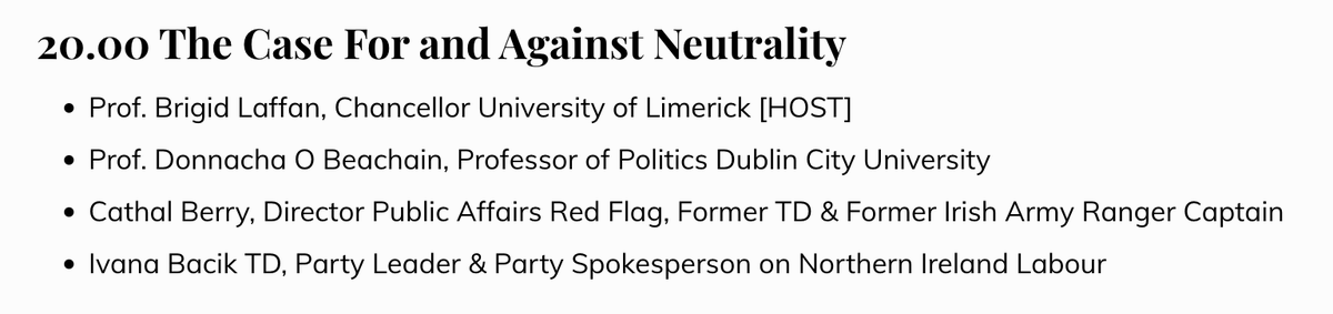 PBresnihan's tweet photo. It is getting beyond a joke that these four speakers are presented as 'for and against' neutrality. 

MacGill Summer School, 2026. https://t.co/uidIICDItM