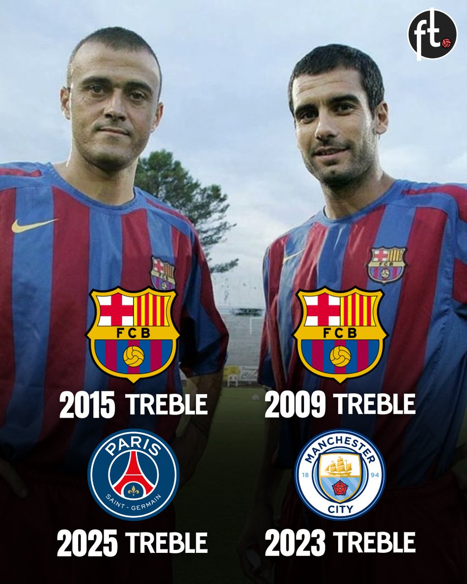 Footballtweet's tweet photo. 🤔 𝗗𝗜𝗗 𝗬𝗢𝗨 𝗞𝗡𝗢𝗪: Only two managers in top five leagues' history have ever won the treble twice:

🇪🇸 Pep Guardiola
2009 — Barcelona 🏆🏆🏆
2023 — Manchester City 🏆🏆🏆

🇪🇸 Luis Enrique
2015 — Barcelona 🏆🏆🏆
2025 — Paris Saint-Germain 🏆🏆🏆

🔵🔴 Barcelona heritage. https://t.co/6lp2kqSiKj