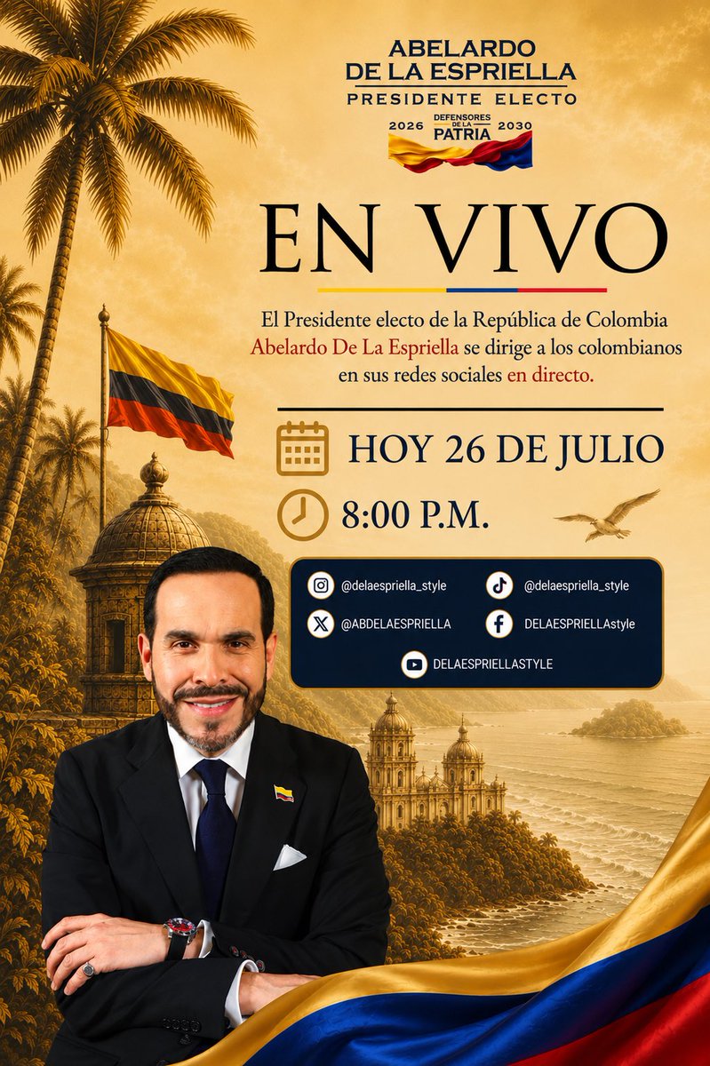 DELAESPRIELLAE's tweet photo. Esta noche me dirigiré a todos los colombianos para compartir decisiones fundamentales sobre el rumbo de la Patria Milagro y las acciones con las que comenzaremos a cumplirle al país desde el primer día.

Los invito a acompañarme y a seguir esta alocución.

🕗 8:00 p. m.

¡Firme por la Patria!

(A.D.L.E) 🇨🇴🐅