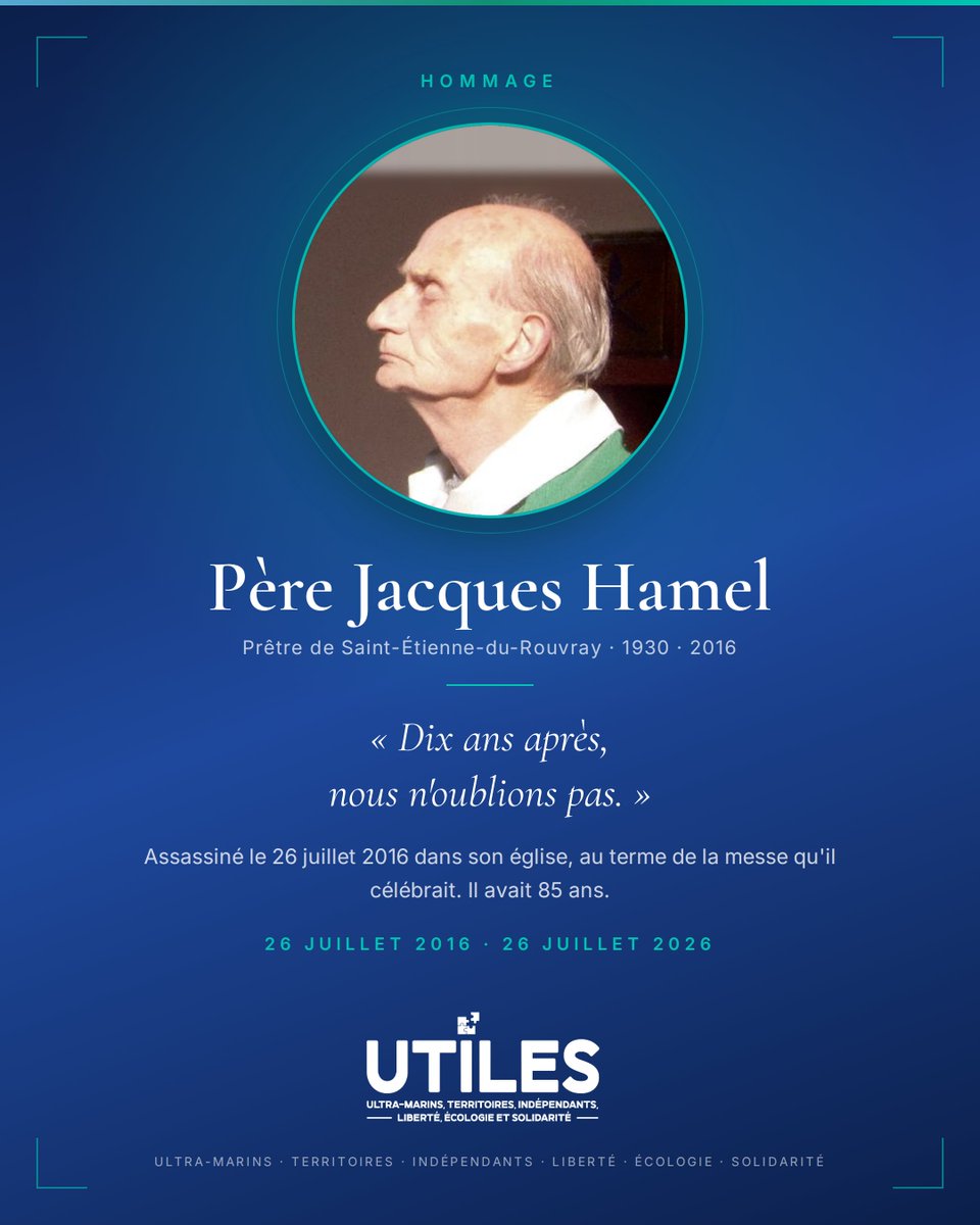UTILES_leparti's tweet photo. 🇫🇷 26 juillet 2016.

 Le père Jacques Hamel est assassiné dans son église de Saint-Étienne-du-Rouvray, au terme de la messe. Il avait 85 ans.

Dix ans après, nous n'oublions rien : ni le crime, ni son nom, ni ce qu'il servait. https://t.co/8pJD4fEapw