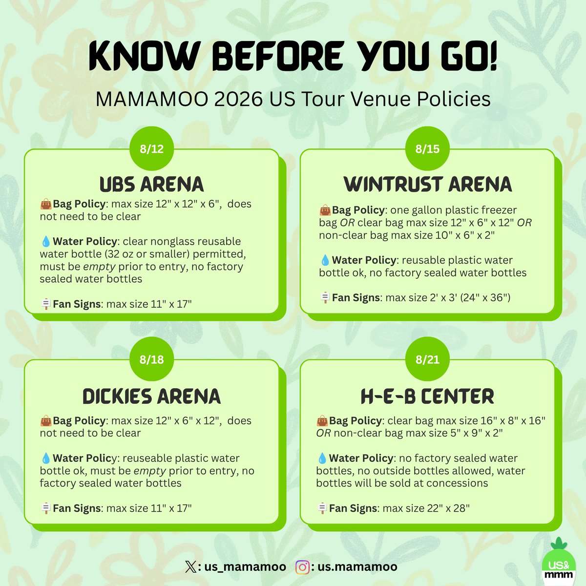 us_mamamoo's tweet photo. 🍀The @RBW_MAMAMOO 2026 US Tour is almost here! Moomoos, let us help you get ready!

We've compiled the bag, water, and fan sign policies for every venue in one place for your convenience~ 

#MAMAMOO #MAMAMOO2026 #MAMAMOO_2026_US_TOUR #MAMAMOO_2026_WORLD_TOUR 
#4WARD #마마무 https://t.co/SN5aUgMYt8