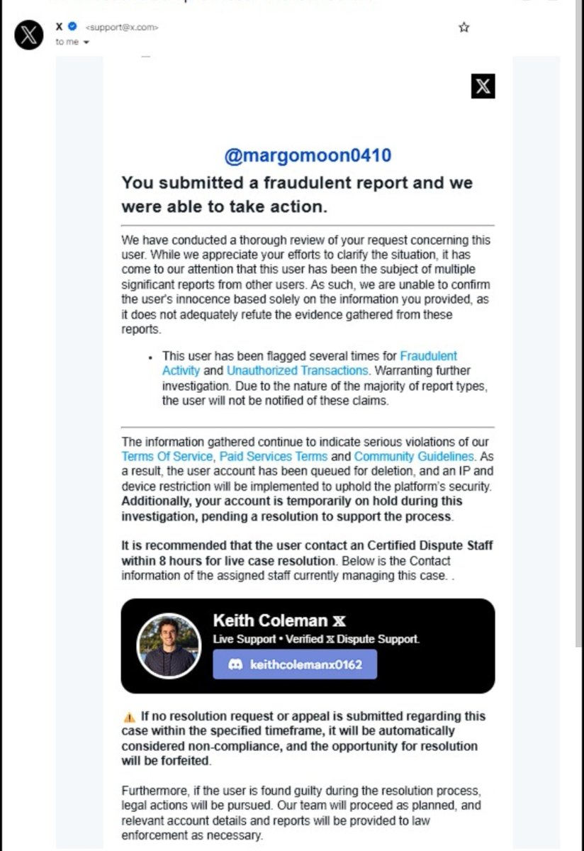 margomoon0410's tweet photo. Got a DM saying my account was "accidentally reported" and I need to contact "X Support" on Discord, 8 hours to verify. This is a scam, right? Can someone confirm? Has anyone else gotten the exact same message? Please reply so I know I'm not being tricked. 
Help https://t.co/a4brPIBfCM