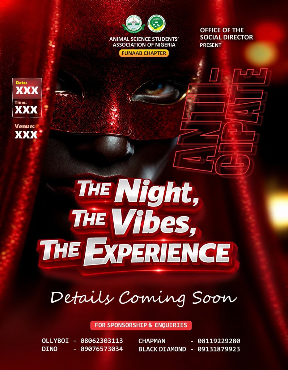 Assan_Funaab's tweet photo. The calm before the storm 🌙🎭
Behind every mask 🎭 is a story and a memory waiting to happen 🎊🔥
Get ready for the night that changes the  *EXPERIENCE* 
 *_Details loading_* ......
#Assanwelcomeparty https://t.co/ye1VP7ROIN