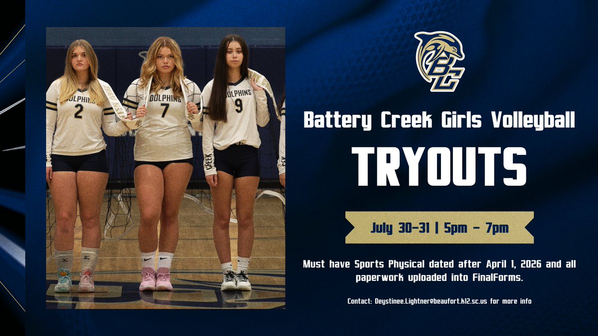 BCdolphinsATH's tweet photo. Exciting news! 📣 Battery Creek Girls Volleyball TRYOUTS are happening on July 30-31 from 5pm to 7pm. Must have Sports Physical and paperwork uploaded. For info, contact Deystinee.Lightner@beaufort.k12.sc.us! 
#TheDolphinStandard https://t.co/eZE2jD0SGM