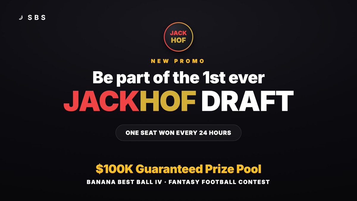 SBSFantasy's tweet photo. NEW PROMO

Be part of the 1st ever JACKHOF Draft 

2 perks in one. Get to skip to the finals and win extra prizes. 

Every 24 Hours one person gets a seat to the JackHOF draft. More bananas better shot to get a seat. 

How the Promo Work: 
Free Draft Fills - 1 Banana
Paid Draft Fills - 2 Bananas 
Refer a Friend to Draft - 5 Bananas 
Friend Purchases a Draft - 5 Bananas