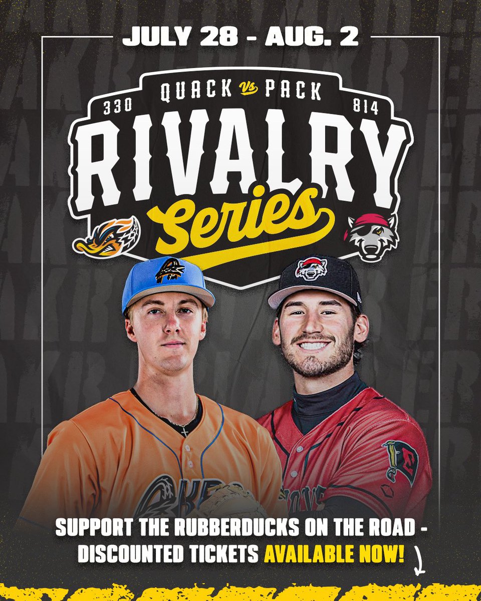 AkronRubberDuck's tweet photo. QUACK vs PACK 🦆🐺
Grab your friends and family to support your RubberDucks on the road this week! Use the attached ticket link for seats behind the RubberDucks dugout. Let’s paint the park blue!
Tickets: https://t.co/myzJzTWtk7
#GoDucks #QuAkron https://t.co/rKcacl3oAG