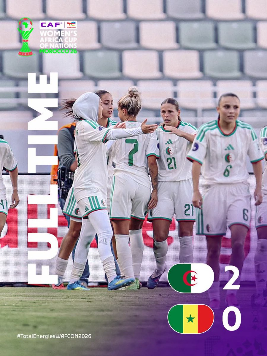 PassionfootAF's tweet photo. CAN FÉMININE / Maroc 2026 : L’Algérie🇩🇿 a battu le Sénégal🇸🇳 sur le score de 2 buts à 0.
Les Algériennes débutent bien leur tournoi avec la première victoire du tournoi.

Algérie🇩🇿 2-0 🇸🇳Sénégal 

#ALGSEN 2️⃣-0️⃣
#WAFCON2026
#AWCON2026 #TotalEnergiesWAFCON
#TotalEnergiesWAFCON2026 https://t.co/Czng30m2it