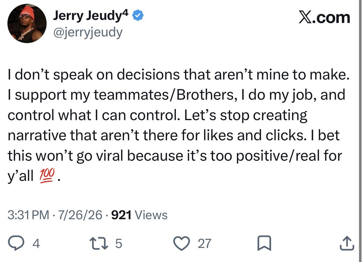 ESPNCleveland's tweet photo. “I don’t speak on decisions that aren’t mine to make. I support my teammates/brothers, I do my job, and control what I can control,” - Browns WR Jerry Jeudy. https://t.co/Q8oDxAk4Th