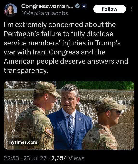 Saranami5's tweet photo. 📌 US Congresswoman Sarah Jacobs:
I am deeply concerned about the Pentagon's cover-up of military injuries in Trump's war with Iran. Congress and the American people deserve accountability and transparency.
#IranWar‌
WeMustRise🚩 https://t.co/Xm1YgVyCtj