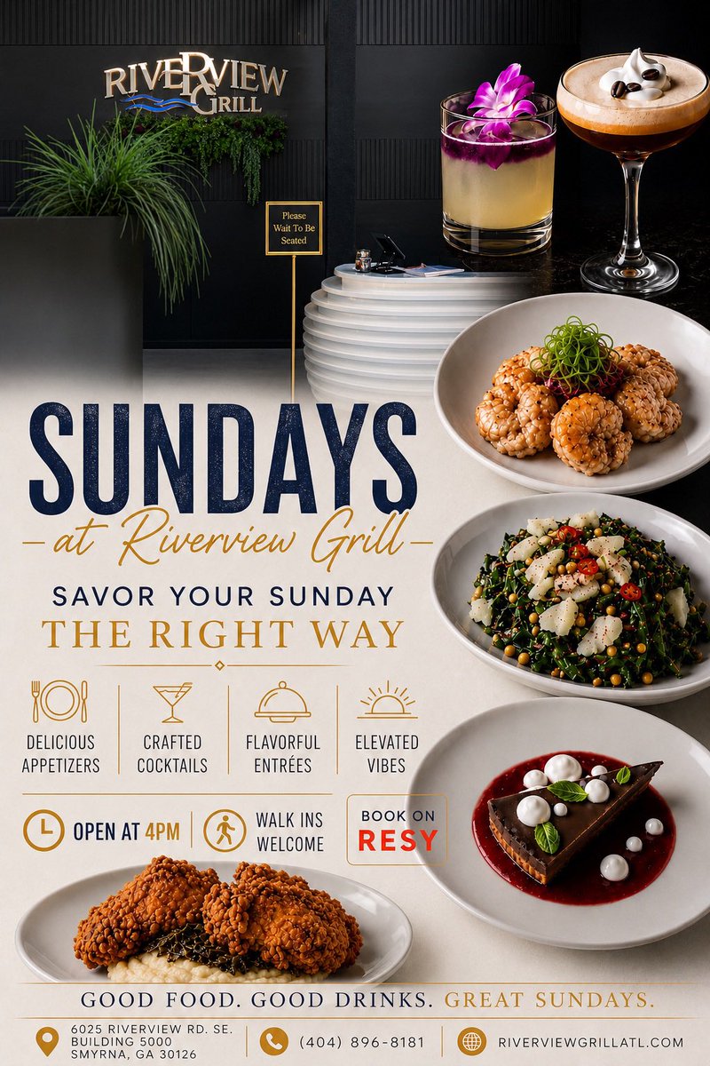 DJSCREAM's tweet photo. Sunday is calling. ✨ Join us at Riverview Grill for flavorful entrées, handcrafted cocktails, and the perfect vibe to close out your weekend. We open at 4PM—walk-ins are always welcome, or reserve your table on Resy. See you soon! 🍸🍽️ #SundayDinner #SmyrnaGA #RiverviewGrill https://t.co/lX3JcKAFwy