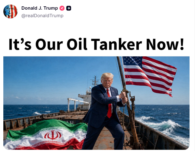 clashreport's tweet photo. AI Trump takes over an oil tanker on Truth Social. https://t.co/crC601dIHn