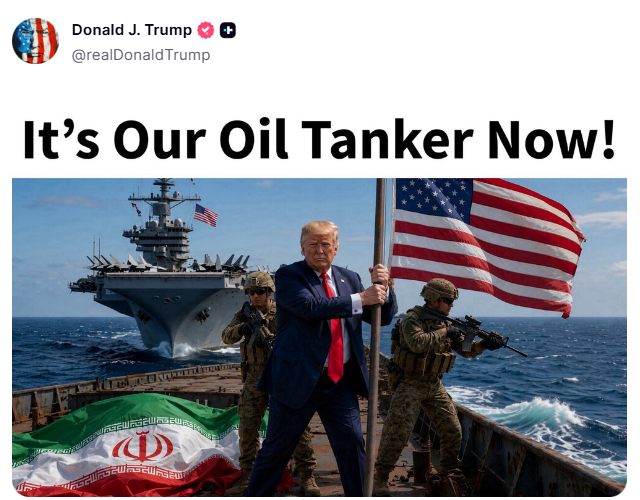 clashreport's tweet photo. AI Trump takes over an oil tanker on Truth Social. https://t.co/crC601dIHn