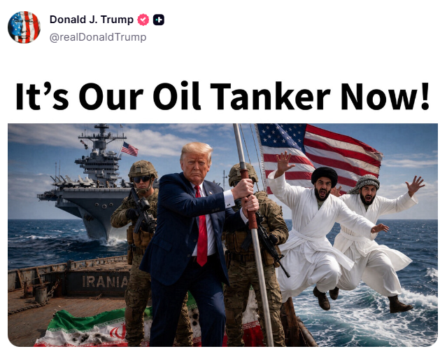 clashreport's tweet photo. AI Trump takes over an oil tanker on Truth Social. https://t.co/crC601dIHn