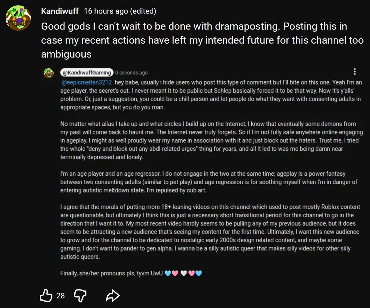 RealSchlep's tweet photo. PSA 🚨🚨 

A Roblox creator known as Nitrolord rebranded after being called out for previously operating a furry cub account (baby animals). On their new social media, they have publicly described themselves as an "ageplayer" and stated that they sexually roleplay as a child.

This guy is clearly a danger to kids who is on the platform so please spread the word