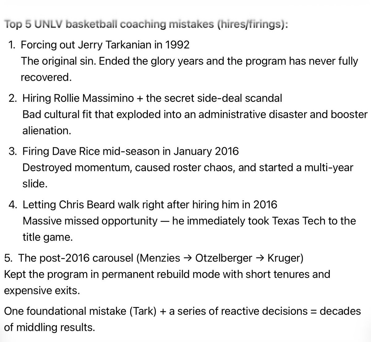 Rebel_Net's tweet photo. Not surprising, probably not all that debatable, I asked grok about UNLV hoops mistakes, to rank them. https://t.co/D1VDt7lYmy